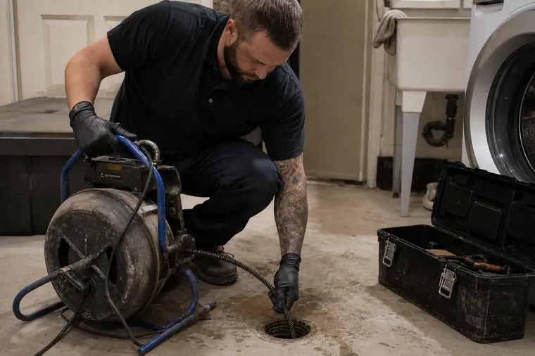 Plumber using a drain snake machine in a residential utility area