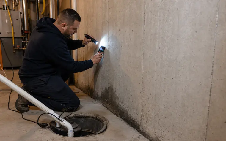 Waterproofing technician inspecting a basement foundation wall