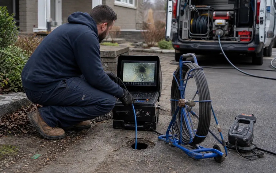 A plumber inspecting a drain line with camera equipment