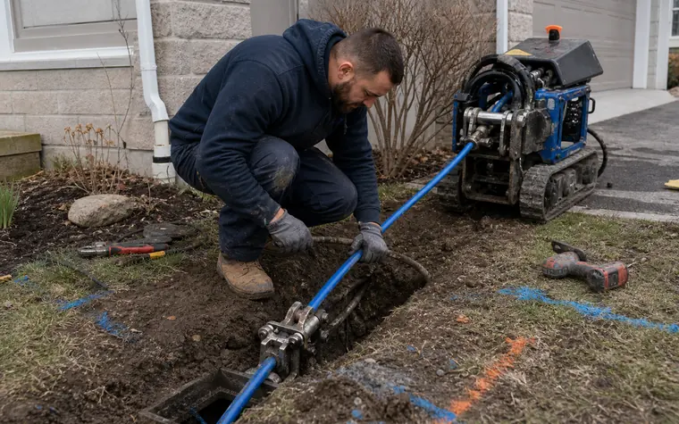 Technician handling water service line replacement equipment