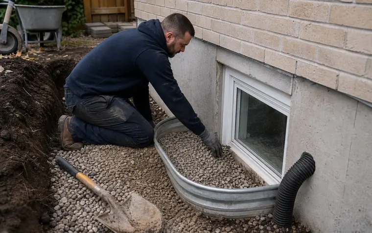 Technician working on exterior basement window well drainage